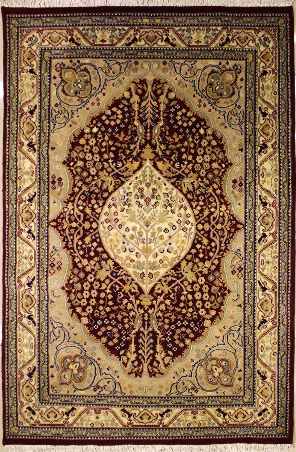 100% Original Hand-Knotted in Gold,White,Green Colors Floral Design RugsTC 4'0 x 6'4 Pak Persian Area Rug with Silk & Wool Pile a 4x6 Rectangular Double Knot Rug 
