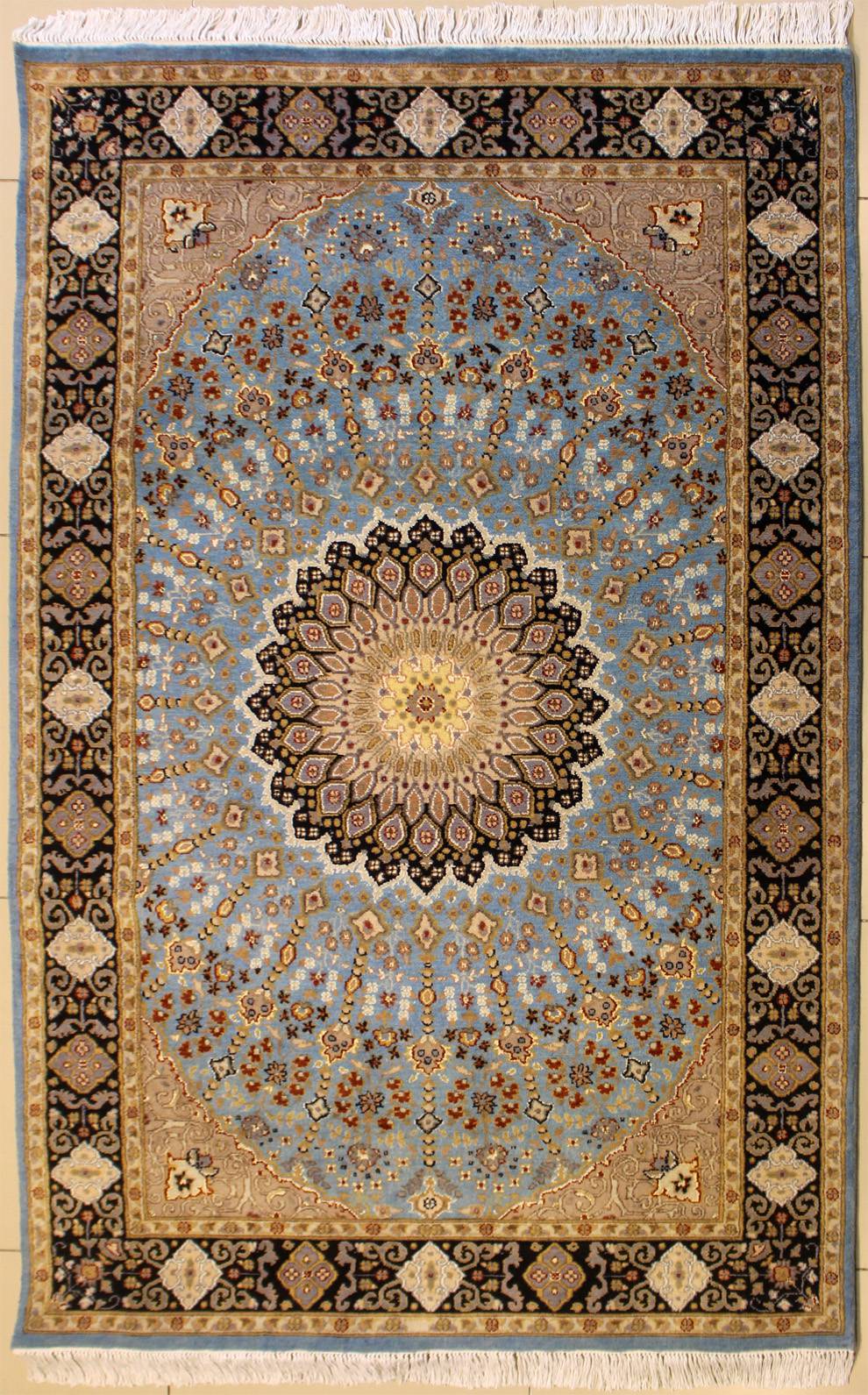 a 4x6 Rectangular Double Knot Rug RugsTC 4'1 x 6'2 Pak Persian Area Rug with Wool Pile Floral Design 100% Original Hand-Knotted in Blue,Reddish Brown,Beige Colors