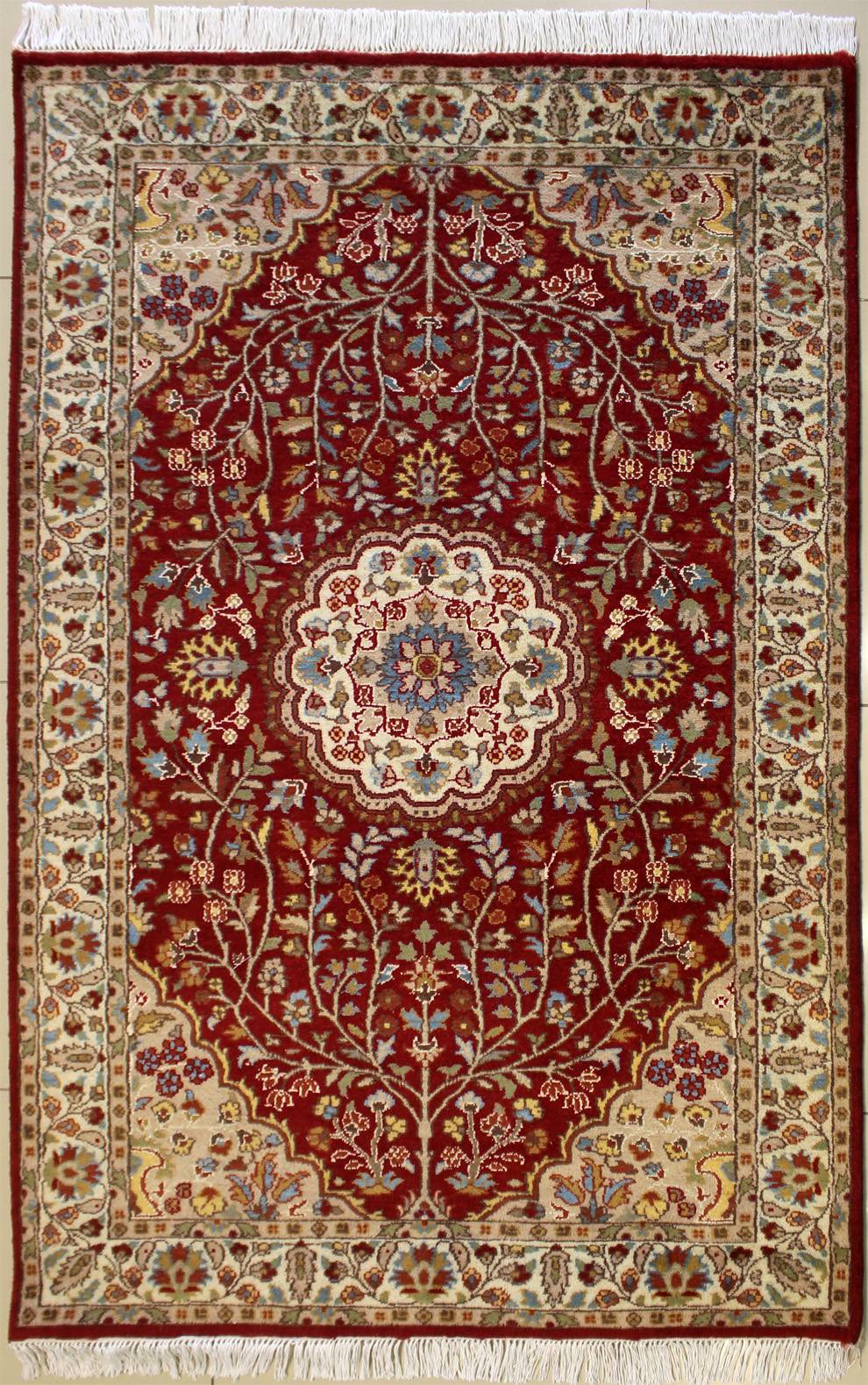 4x6 Rectangular Double Knot Rug RugsTC 4'0 x 6'1 Pak Persian Area Rug with Silk & Wool Pile Floral Design 100% Original Hand-Knotted in Greenish Blue,Reddish Brown 